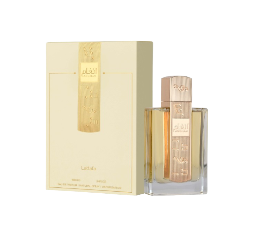 Lattafa perfume bottle and packaging on a white background