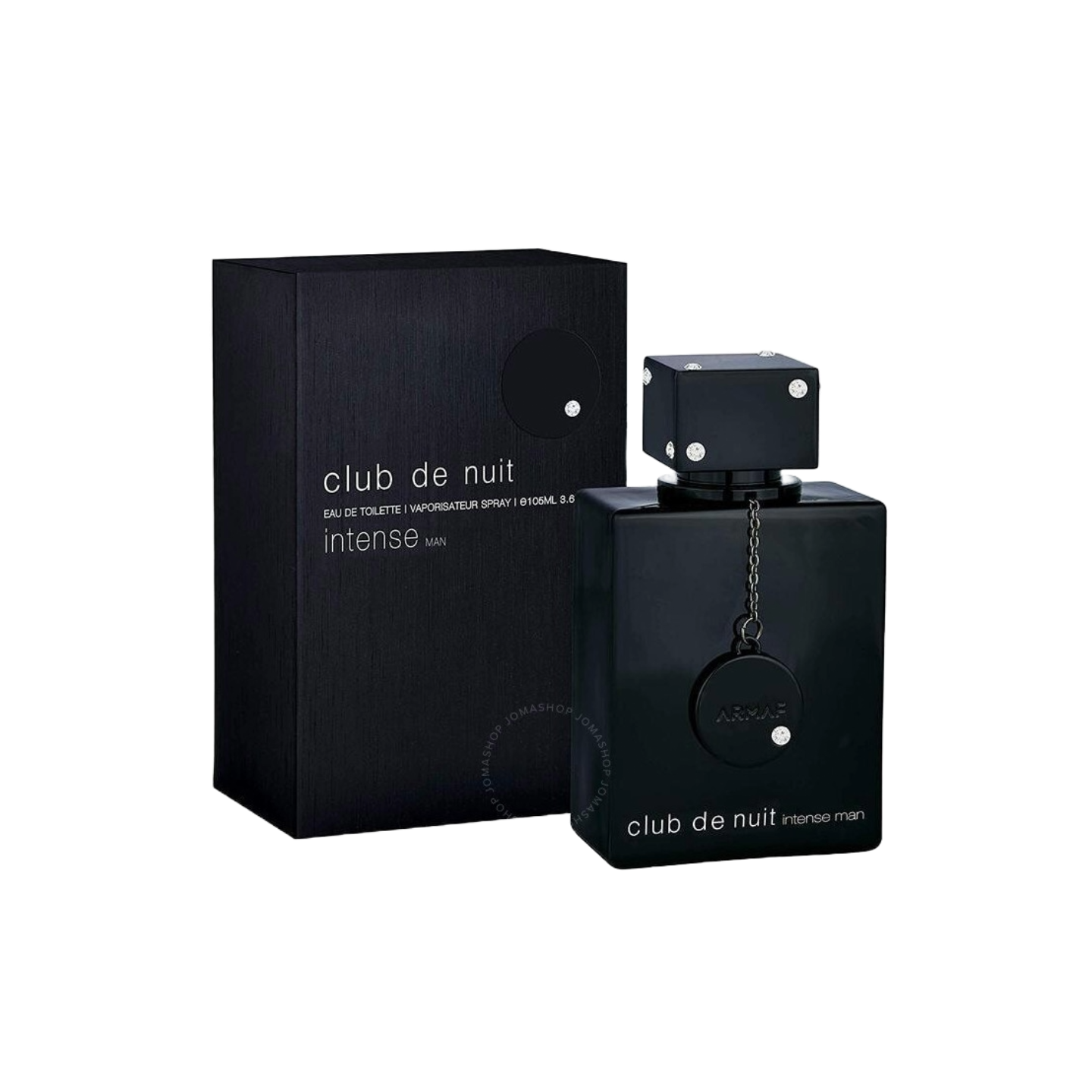 Black 'club de nuit intense' perfume bottle and packaging on a white background