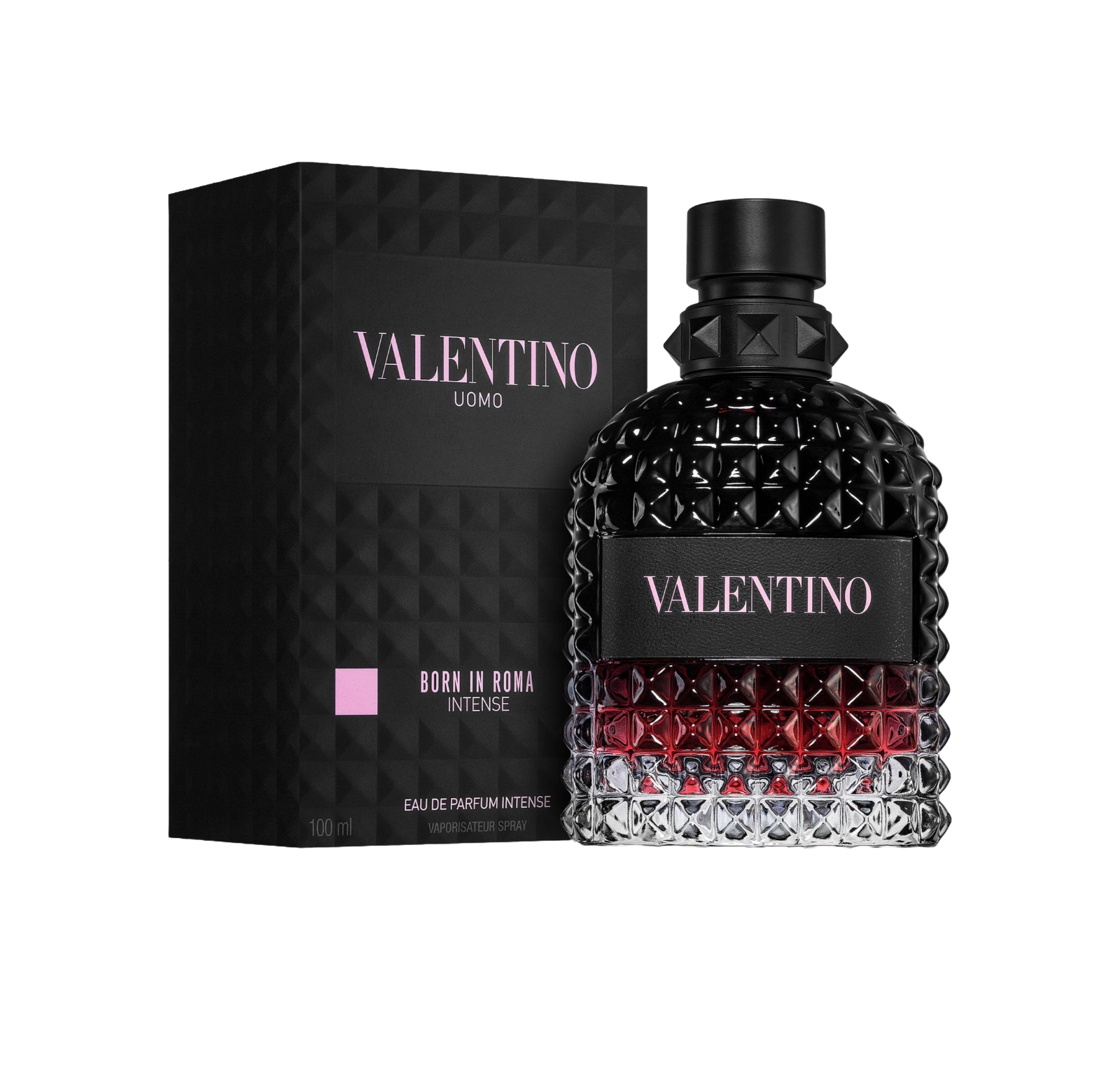 Valentino Uomo Born in Roma Intense perfume bottle and packaging on a white background