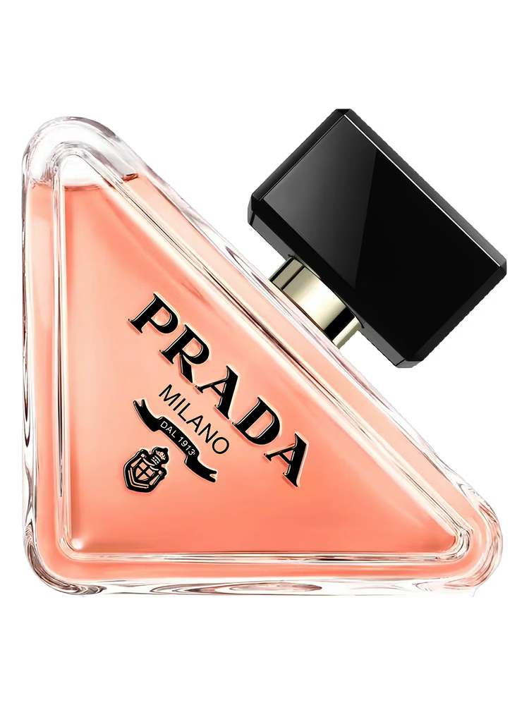 Triangular Prada Milano perfume bottle on a black background