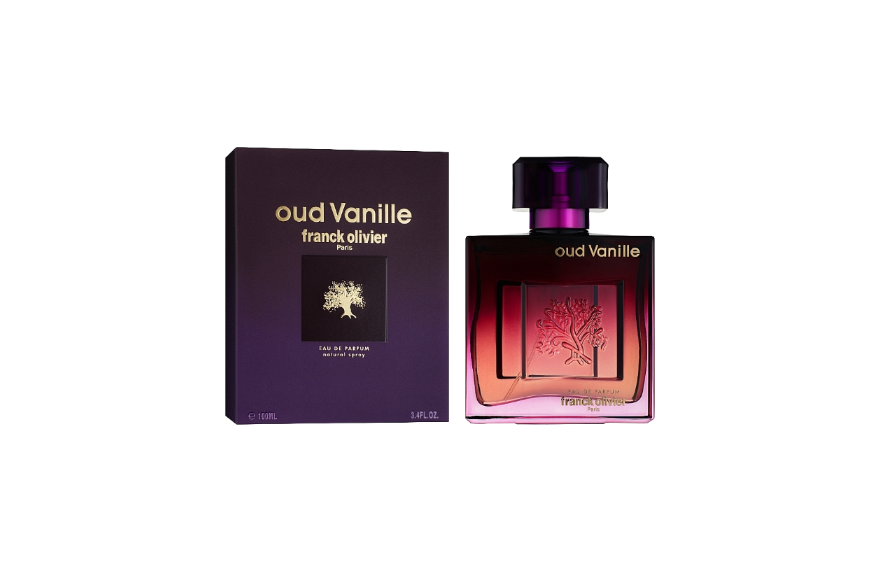 Oud Vanille Franck Olivier perfume bottle and packaging on a white background