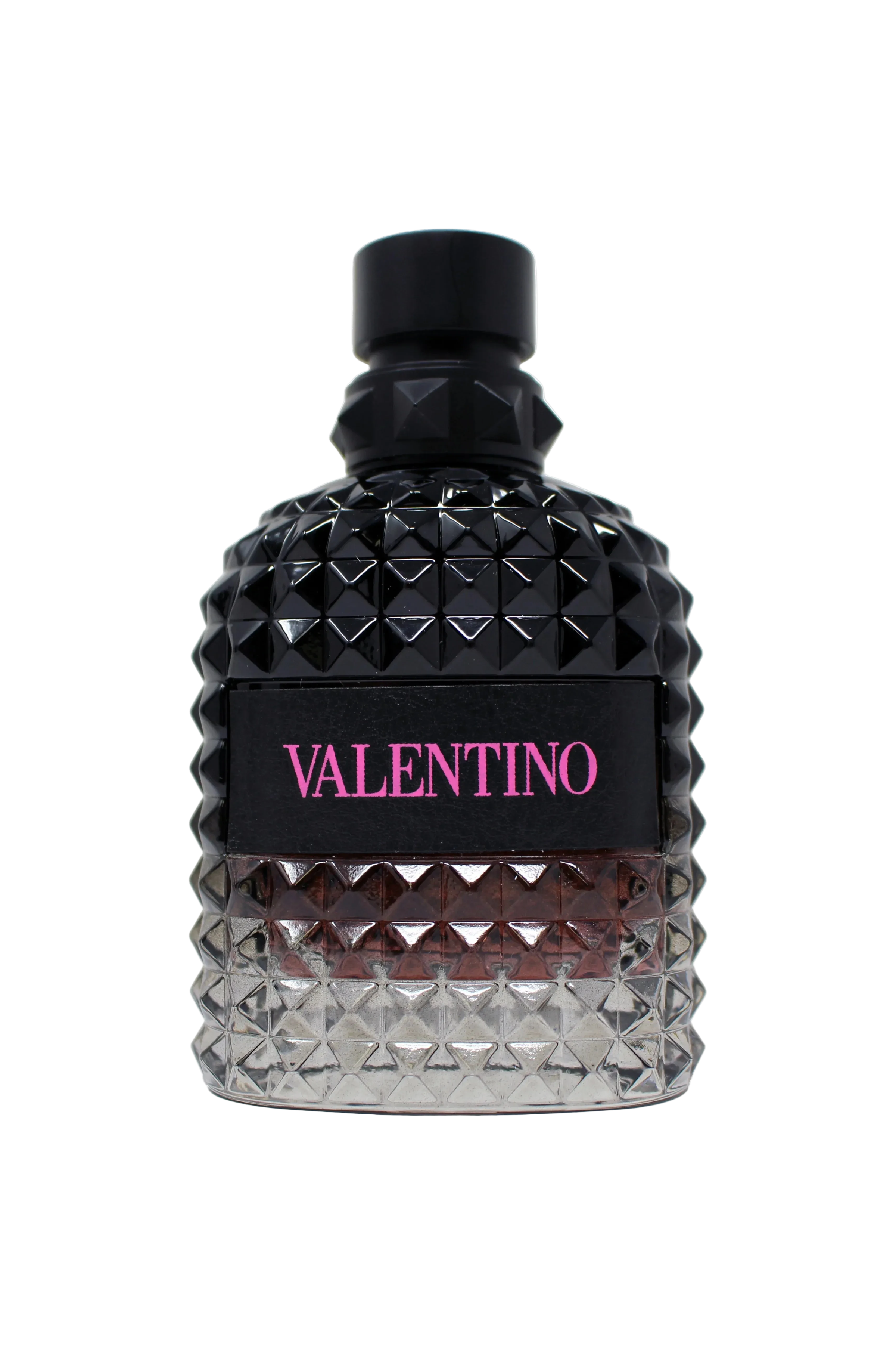 Valentino perfume bottle with black and silver design on a white background