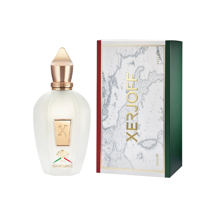 Xerjoff Renaissance perfume bottle and packaging on a white background